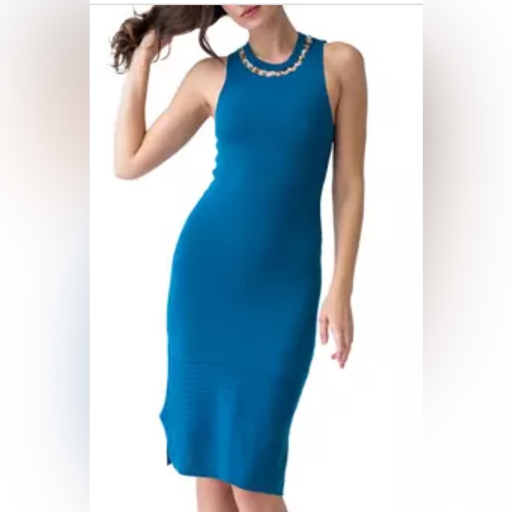 Adrienne Landau, Aquamarine Knit Midi Dress Jewel Neck, Size XS AND S| 1858